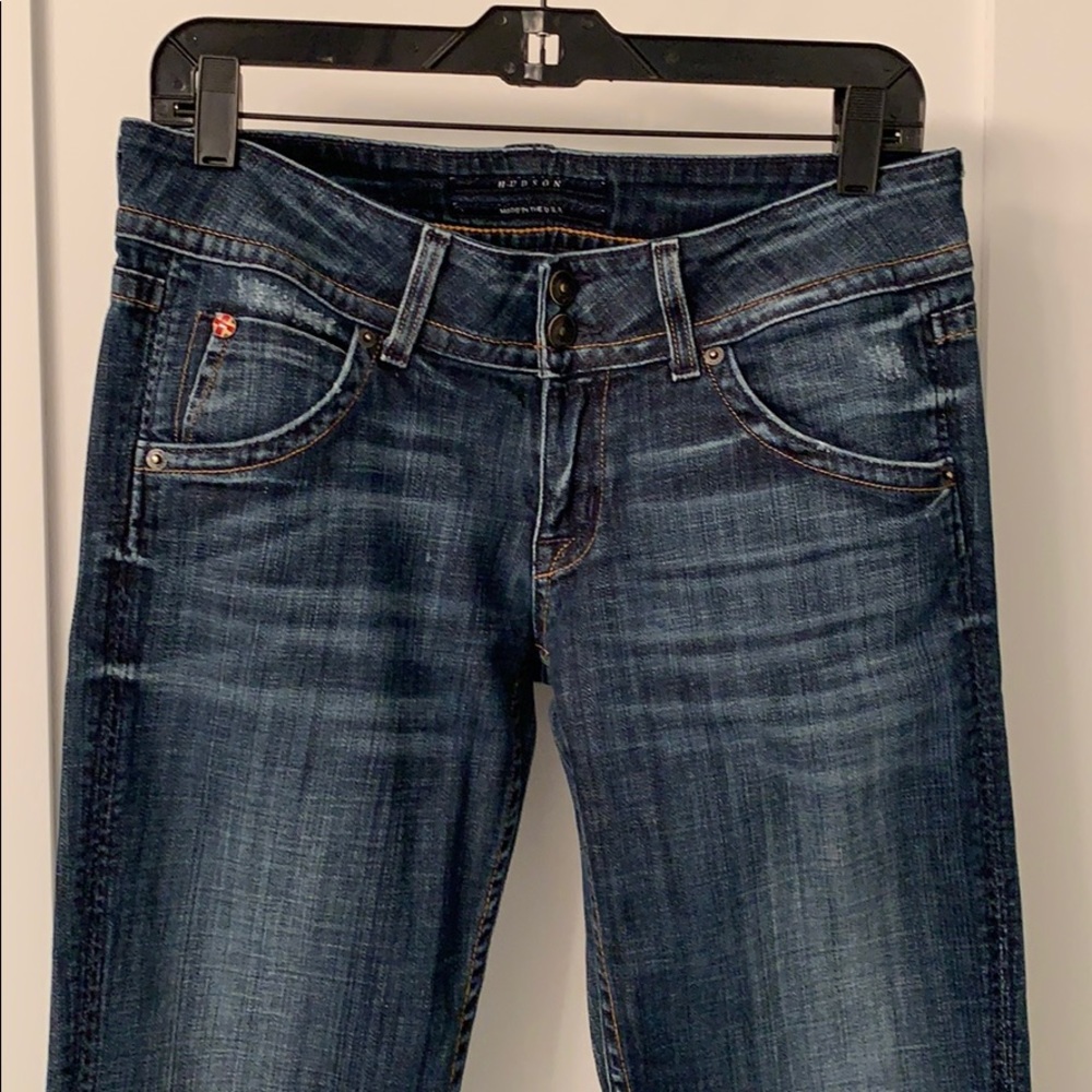 Hudson low rise boot cut jeans with flap pockets